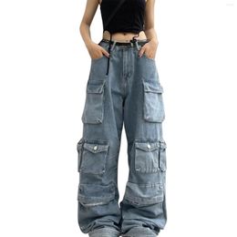 Women's Jeans Baggy Cargo Pants Multi Pocket Relaxed Fit Fairy Women Elastic Waist Wash Denim Knit