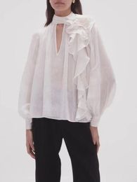 Women's Blouses Flower Ruffles Ribbon Blouse For Women V-Neck Puff Sleeve Elegant Silk Linen Shirt