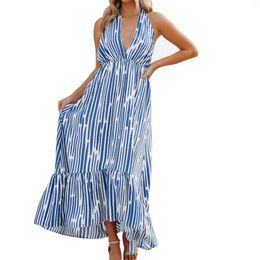 Casual Dresses Summer Deep V Neck Striped Dress Fashion Short Sleeved Women'S Temperament