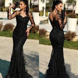 2023 Mermaid Czarna koronkowa sukienka wieczorowa iluzja długotrwałe rękaw Sheer szyi długość podłogi Trąbowa Formalna okazja suknia balowa suknia niestandardowa rozmiar