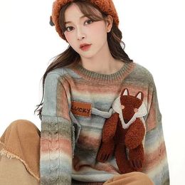 Pomelo discipline original Maillard color striped sweater female ins wear a fox lazy wind round neck jacket