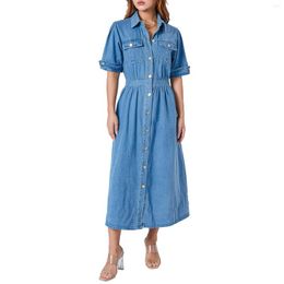 Casual Dresses 2023 Retro Blue Short Sleeve Dress With Pockets Fashion Women Denim Ladies Lapel Button Slim A-Line Long