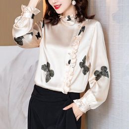 Women's Blouses Fashion Printed Spliced Button Ruffles Satin Blouse Clothing 2023 Autumn Winter Casual Pullovers Office Lady Shirt