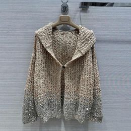 Women's Knits Autumn Fashion Sweet Dream Gradient Colour Sequins Embroidery Cardigans Women Sweater Hooded Long Sleeve Lazy Style Knit Coat