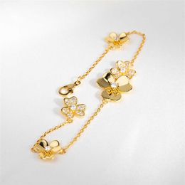 Brand Pure 925 Sterling Silver Jewellery For Women Gold Chain Clover Bracelet Praty Wedding Jewellery Mini Small Flower Bracelet267g