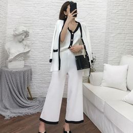 Women's Tracksuits Women Casual Ol Pant Set 2023 Spring Ladies Small Fragrant V Neck Vest Top Cardigan Wide-leg Pants Suit Knitted