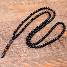 Natural Black Hematite Carving Bead Necklace Black Buddha Lava Mala Stone Wood Rosary Beads Pendant210f