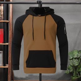 Men's Hoodies Men Fall Hoodie Pullover Plush Colorblock Warm Winter Sweatshirt With Zipper Decor Big Patch For Casual