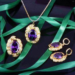 Necklace Earrings Set Luxury Design Greek Mythology Olive Branch Simulated Amethyst Purple Zircon Pendant Necklaces Rings