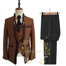 Men's Suits 2023 Latest Design Brown Plaid Men Wedding Blazer Sets Tuxedos For Business Prom Party Suit Costume Jacket Vest Pant