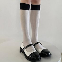 Women Socks Stockings Color Matching JK Japanese Style School Student Long Solid Black White Cotton Knee