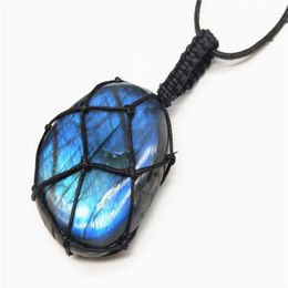 Labradorite Necklace Natural Stone Pendant Wrap Braid Necklace Yoga macrame Energy Dragons Heart1311m