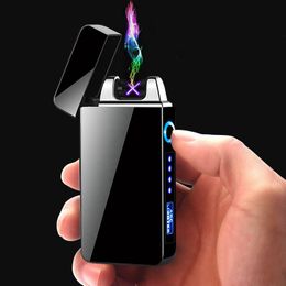 Latest Colorful USB Zinc Alloy Double ARC Lighters Charge Windproof Dry Herb Tobacco Cigarette Holder Cigar Handpipe Smoking Lighter Power Display