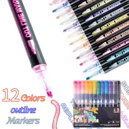 8/12 Colors/Set Double Line Outline Art Pen Fluorescent Glitter Marker Pens for Card Making Birthday Greeting Painting