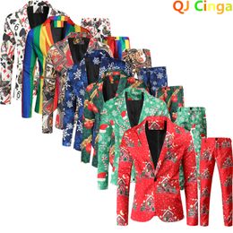 Men s Suits Blazers Red Printed Two piece Christmas Suit Jacket Pants Stylish Male Blazer Coat with Trousers Black Green Blue S 4XL 221231