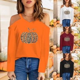 Women's T Shirts Short Women's Leopard Pumpkin Print V Neck Shirt Strap Cold Shoulder Tunic Soft Corduroy Women Cute Summer