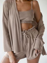 Women's Sleepwear Hiloc Ice Silk Ribbed Pyjamas Set Woman 3 Pieces Brown Single Breasted Home Suit Spaghetti Strap Crop Top With Shorts 2023