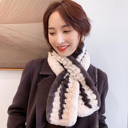 Scarves Lantafe Fur Scarf Women's Real Rex Stitching Colour Stripe Decoration Keep Warm Ladies Weaving Process