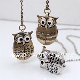 New Quartz Vintage Open and Close Owl Pocket Watch Necklace Retro Jewelry Whole Sweater Chain Fashion Hanging Watch Copper Col320F