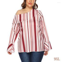 Women's Blouses Spring Large Size Shirt 5XL 6XL 7XL 9XL Bust 138CM Sexy Ladies Irregular Stripe Diagonal Collar Stitching Bell Sleeve