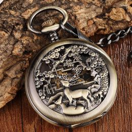 Pocket Watches Unique Bronze Deer Flowers Case Mechanical Watch Men Retro Big Dial Hand Wind With Fob Chain Reloj De Bolsillo