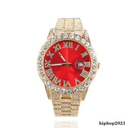 Full Diamond Iced Out Watch New Fashion Hip Hop Red Green Blue Face Large Dial Mens WristWatch Calendar Quartz Womens Watch Gift228i