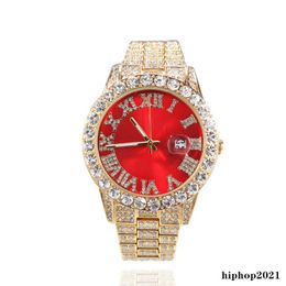 Full Diamond Iced Out Watch New Fashion Hip Hop Red Green Blue Face Large Dial Mens WristWatch Calendar Quartz Womens Watch Gift1932