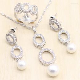 Necklace Earrings Set Round Hollow Circle 925 Sterling Silver Pearl For Women White Ring Long Stud Pendant