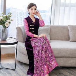 Ethnic Clothing Robe Vintage Femme Wine Lace Sleeve Cheongsam Dress Slit Qipao Long Ao Dai Vietnam Chinese Oriental Dresses TA1671