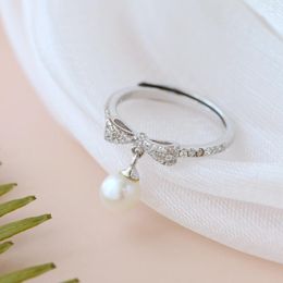 Cluster Rings Natural Freshwater Pearl 925 Sterling Silver Inlaid Rhinestone Fashion Bowknot Ring Wedding Party Fine Jewellery Gift