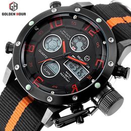 GOLDENHOUR Outdoor Canvas Men Watch Reloj Hombre Automatic Sport Multifunction Watches Military Male Clock Relogio Masculino276g