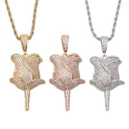 Pendant Necklaces Hip Hop Micro Paved Cubic Zirconia Iced Out Bling Rose Flower Pendants Necklace For Men Women Jewellery Gold Silver