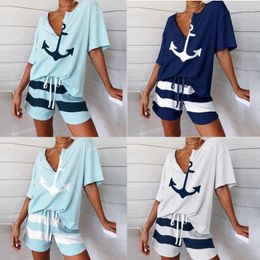 Women's Tracksuits 2023 Women's V-neck Boat Anchor Pattern Printed Short Sleeve Top Wide Leg Pants Loose And Thin Suit