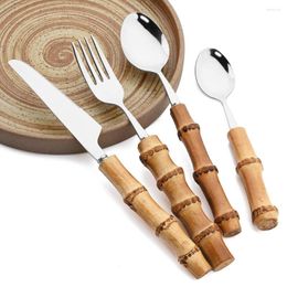 Dinnerware Sets 1/4Pcs Creative Set With Natural Bamboo Handle Tableware Kitchen Stainless Steel Knife Fork Spoon Cutlery