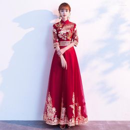 Ethnic Clothing Chinese Slim Bride Wedding Banquet Cheongsam Dress Vintage Mandarin Collar Lady Long Qipao Embroidery Phoenix Evening Prom