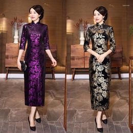 Ethnic Clothing Autumn And Winter Gold Velvet Cheongsam Long Daily Banquet Three-Quarter Sleeves Novelty Mother Women'S