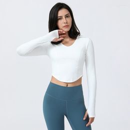 Active Shirts Solid Colour Long Sleeve Crop Top Women Lapel Yoga Shirt Gym Sports Tight Quick Dry T-shirt With Thumb Jack Fitness Clothing