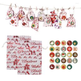 Gift Wrap Set 24Days Christmas Bag Stamping Pattern Cotton Linen Drawstring Bracelet Decoration DIY Advent Calendar