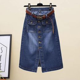 Skirts High Waist Denim Cotton Skirt Korean Spring And Autumn Vintage Single Breasted Fashion With Belt Casual Straight A-line