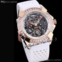 Epic-X EX100 43 LD OP ALD4AT Automatic Tourbillon Mens Watch 44mm Rose Gold Baguette Square Cut Diamonds Bezel Skeleton Dial White2297