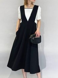 Casual Dresses Japan Style Pearls Beading Tank Dress Deep V-neck Sleeveless A-line Robe Summer 2023 Solid Office Lady Elegant Vestidos