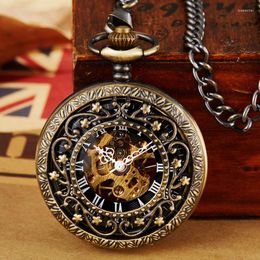 Pocket Watches Vintage Mechanical Watch With Fob Chain Hollow Hand-winding Pendant Clock Men Women Gold Bronze Gift