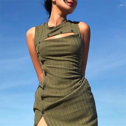 Casual Dresses E-Girl Vintage Button Slit Single-breasted Midi Dress Y2K Fashion Sexy Hollow Backless Ribbed Long Army Green Party