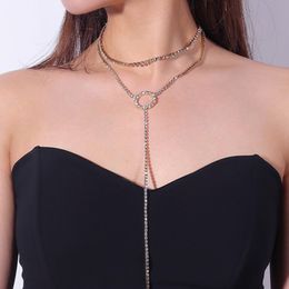 Festive Rhinestone Two-layer Geometry Necklace Long Chain Pendant Full Diamond Collar Chain Fairy Girl Choker