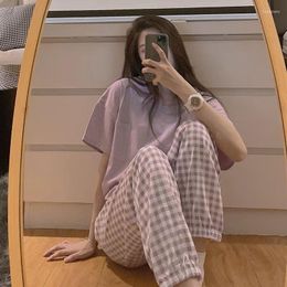 Women's Sleepwear QWEEK Women's Pajamas Summer Night Trouser Suits Pyjamas Korean Style Clothing Sets Grid Pijamas Homewear Nightwear