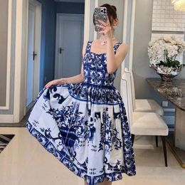 Casual Dresses High Quality Women's Cotton Suspenders Dress Poplin Mediterranean Blue And White Porcelain Print Vacation Fashion Runway