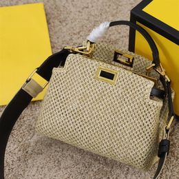 New Arrival Luxurys Design Bags 2021 Fashion Raffia Weave Handbag with Wide Webbing Shoulder Strap size 23CM Lady Purse two colors250m