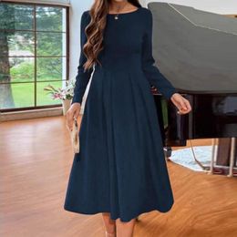 Casual Dresses Women Solid Dress Round Neck Long Sleeve Fold Waist Homecoming For Freshman