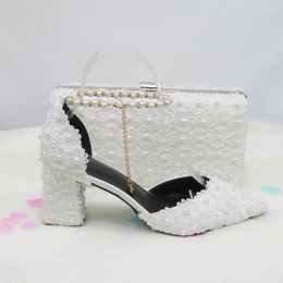 Dress Shoes BaoYaFang White Beads Strap Pearl Wedding Bride Pointed Toe Square Thick High Heel Party And Bag Set