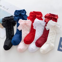 Baby Girl Bow Socks Cotton Sweet Cute Princess Uniform Knee High Sock Large Bow Tube Ruffled Stockings 7 Colours DW6821